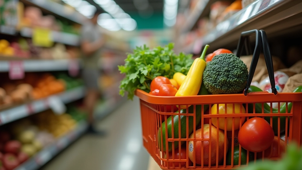 Panier à provisions rempli de produits de supermarché, reçus de caisse visibles