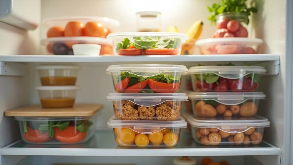 Conteneurs hermétiques empilés dans un réfrigérateur, remplis de repas préparés à l'avance